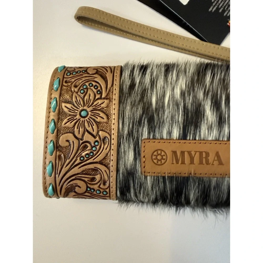 NWT Myra Bag Exclusive Hand Tooled Leather Cowhide Wristlet Wallet Turquoise